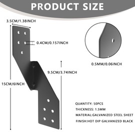 (50pcs) 16-Gauge Thick Hurricane Straps, Black Powder-Coated Rafter Ties, Heavy Duty Left Rafter Brackets, Strong Hurricane Clips, Tie Brackets for House, Roof Trusses, Shed, Building (Left)