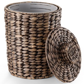 Tidita 2 Gallons Wicker Waste Basket - Water Hyacinth Bathroom Trash Can - Garbage Can with Lid Boho Style - Wicker Trash Can with Lid for Bedroom, Kitchen - Removable Liner, Handwoven (Black Color)