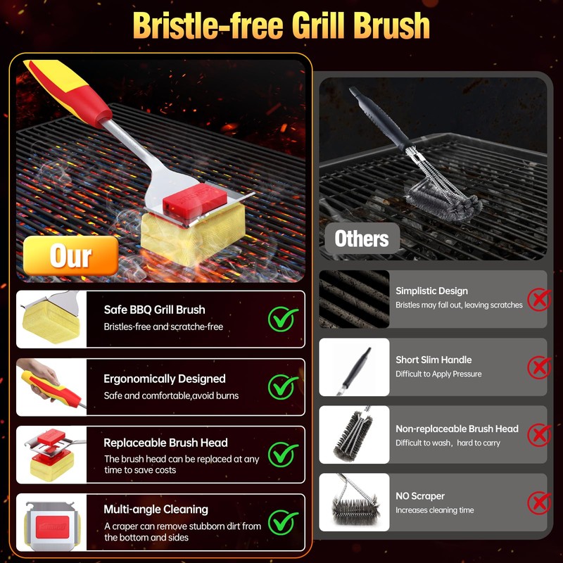 Grill Brush Bristle Free, Replaceable Outdoor BBQ Cleaning Head (No