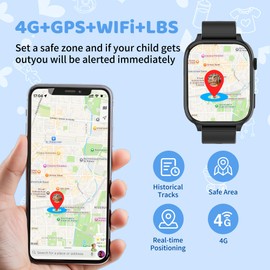 Moikmlih Children's Smartwatch with 4G Video Phone Calls, SOS, School Mode, GPS, Voice Chat, SMS, IP68 Waterproof, 7 Games, Alarm Clock, Camera, Gift for Boys Girls 5-14 Years