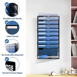 DALTACK Wall File Holder 10 Tier Hanging Wall File Organizer, for Papers Mails Folders Clipboard Magazine Organization for Office Home, Mesh Metal, Assembly Needed, Black