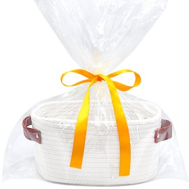 ABenkle Small Storage Basket, Mini Basket with Handle, Cotton Rope Woven Basket, Boho Decorative Toy Dog Cat Basket for Nursery, Living Room, Spa, Empty Gift Basket with Gift Bags and Ribbon- White
