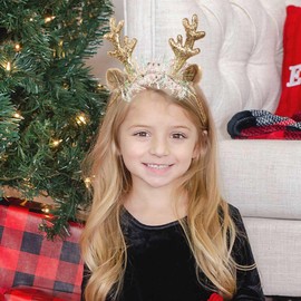 Outyua Christmas Headbands for Women Antler Headband with Sequin Glitter Elk Ears Antlers Headbands for New Year (Gold Tinsel)