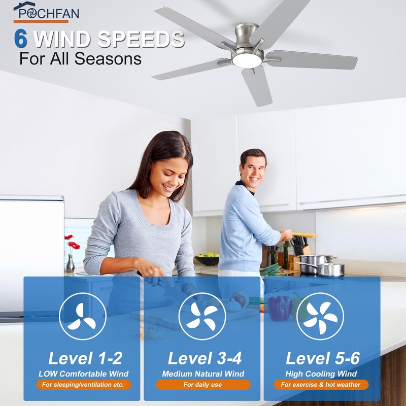 POCHFAN 52 Inch Ceiling Fans with Lights and Remote, Brushed