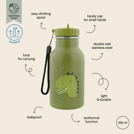 Trixie Insulated Drinking Bottle - Mr. Dino - 350ml Stainless Steel Water Bottle for Kids - Green - Keeps Drinks Cold - Leakproof - Eco-Friendly and BPA-Free