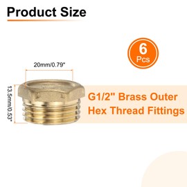 sourcing map 6 Pcs Brass Outer Hex Thread Fittings, G1/2" Male Brass Plug Male Threaded Socket Pipe Plug Fitting Brass Plugs Fitting Hex Head Plug for Water Oil Gas