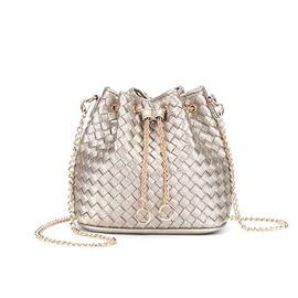 LEGVAEY Women's Leather Woven Small Bucket Bag (Fashionable Simple), silver grey