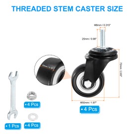 PATIKIL 2 Inch Threaded Swivel Wheels, 360 Degree Rotation PU Furniture Stem Wheels M8x25mm Bearings Quiet Castors Total Load Capacity 330Lbs, Black