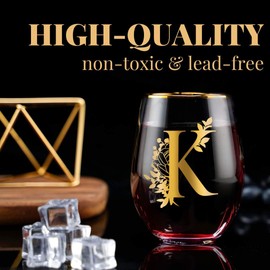 Onebttl Unique Stemless Wine Glasses, Initial Wine Cup for Red or White Wine - 18oz, Monogrammed, Gold - for Women, Girls, Female, Her, Friends, Coworkers, Clients - for Birthday, Christmas
