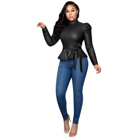 acelyn Women's Matte Mock Neck Turtleneck Long Sleeve Faux Leather Shirts Blouse Top with Belted Black S