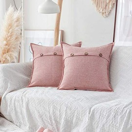 Home Brilliant Decorative Pillows Covers Valentine's Day Decor Button Lined Linen Cushion Covers for Bed Couch, Set of 2, 18x18 inches (45cm), Baby Pink