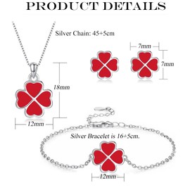 Cangall 3PCS Silver Four Leaf Clover Jewelry Set - Red, 925 Sterling Silver Clover Jewelry Set, Irish Lucky Love Four Leaf Clover Shamrock Necklace Bracelet Stud Earrings Full Set for Women Girls