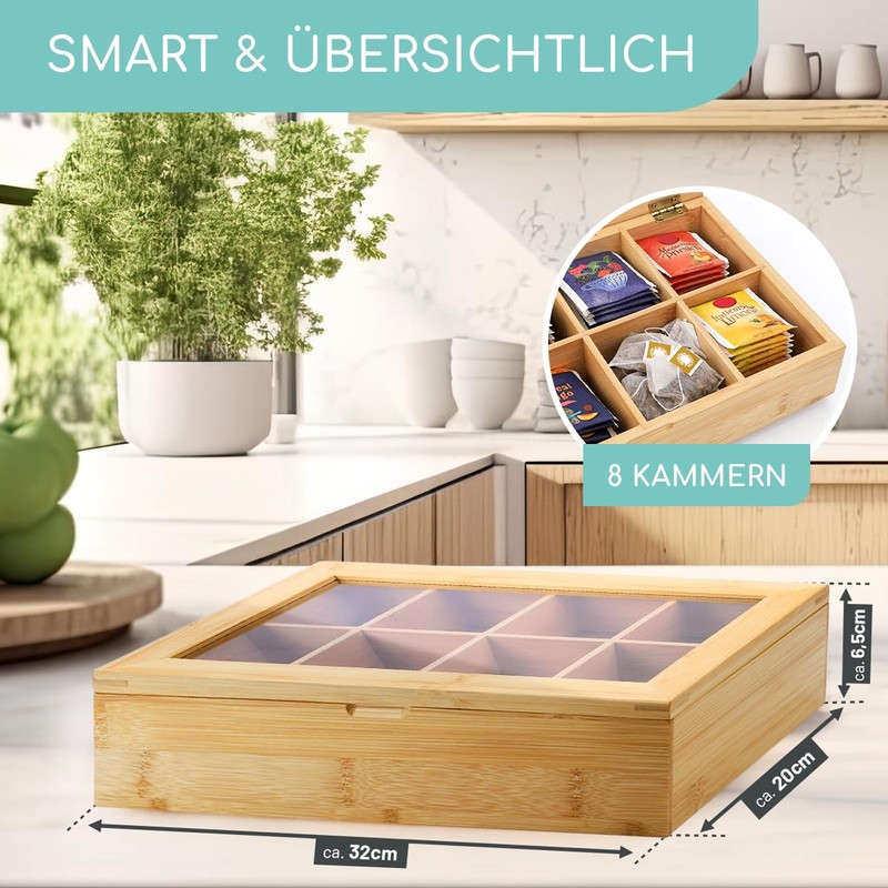 smartday Bamboo Tea Box with Viewing Window - Tea Bag