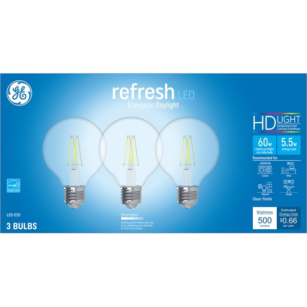 GE Refresh LED Light Bulbs, 60 Watt Eqv, Daylight, G25 Globe Bulbs, Clear, Medium Base (3 Pack)