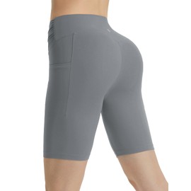Baleaf - Pantalones cortos de yoga para mujer, de 8 pulgadas, con bolsillos en V, cruzados, para entrenamiento, gimnasio, control de abdomen, elastano para correr, Gris-oscuro, X-Small