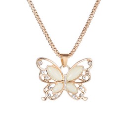 POYAMUSE Rose Gold Butterfly Chain Necklace with Crystal Beads Pendant – Aesthetic Opal Butterfly Jewelry for Women, Vintage Y2K Necklace, Butterfly Necklace for Women - Rose&White