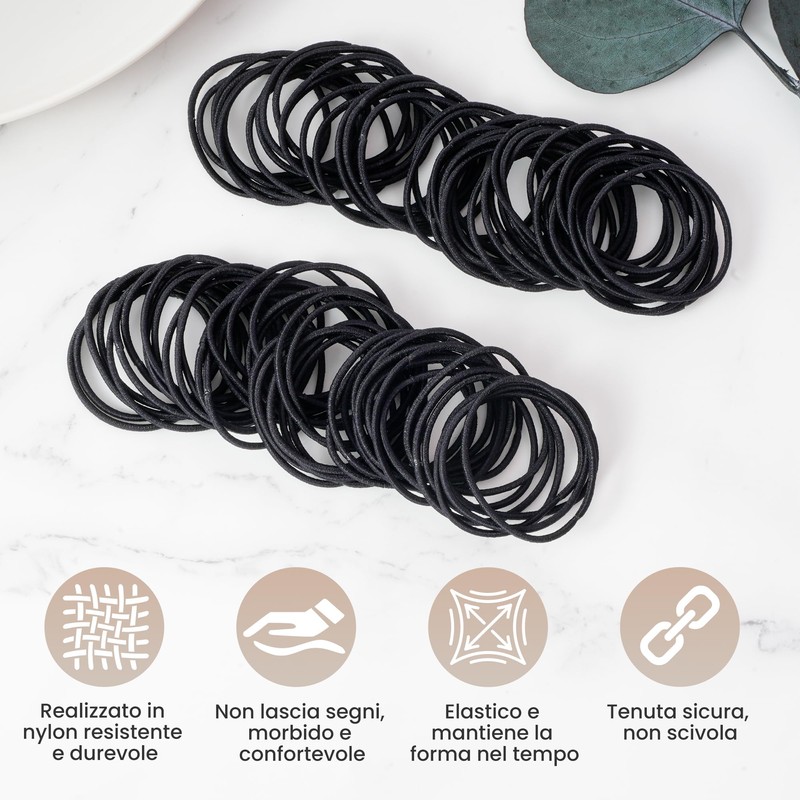 200 Pezzi Elastici Capelli Donna, 2 mm Elastici Capelli Neri