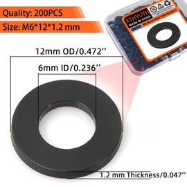 M6 Black Nylon Washers, 6mm ID, 12mm OD, 1.2mm Thickness, Plastic Flat Round Washers, 200 Pieces Nylon Washer Hardware Set