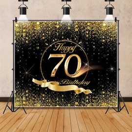 70th Birthday Backdrop 8x6ft Black Gold Birthday Backdrop for Party