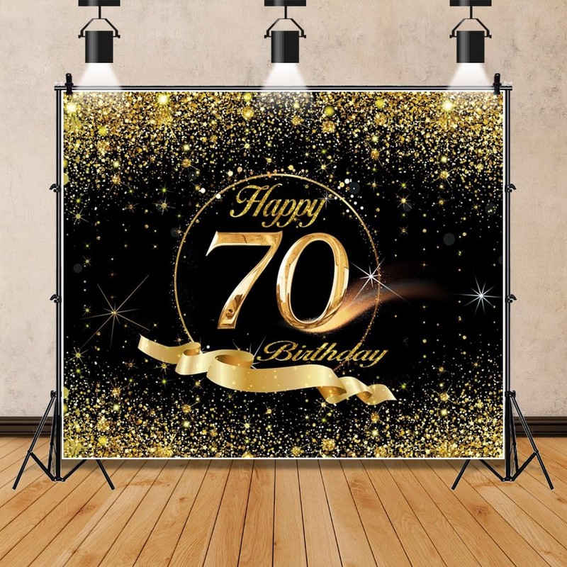 70th Birthday Backdrop 8x6ft Black Gold Birthday Backdrop for Party