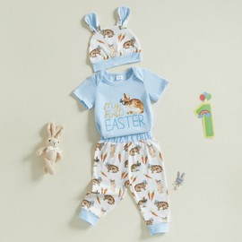 LYSINK Newborn Baby Boy Girl My First Easter 3Pcs Outfits Short Sleeve Round Neck Romper Bunny Ear Hat Casual Pants Set (Ba Sky Blue, 0-3 Months)