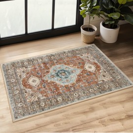 Lahome Oriental Small Rug for Entryway- 2x3 Rug Non Slip Door Mat Indoor Entrance Ultra-Thin Vintage Kitchen Rugs Non Slip Washable, Soft Bathroom Rug for Bedroom Front Door, Orange/Multi