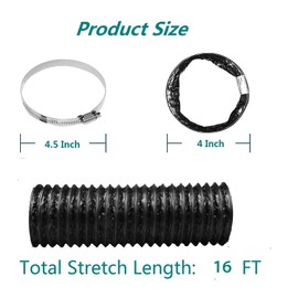 Dryer Vent Hose 4 Inch Air Duct 16 Feet Flexible Adjustable PVC Heavy-Duty Four-Layer Air Duct Hose with 2 Screw Clamps for HVAC Ventilation (Black)