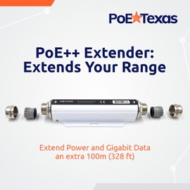 PoE Texas PoE++ Extender - Outdoor PoE Repeater - IP67 Waterproof and Direct Burial Capable - High-Speed Ethernet Booster Extends Power and Gigabit Data Range by 100m - IEEE 802.3bt/at/af Compliant