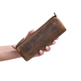 STILORD 'Freddie' Vintage Leather Pencil Case Classic Pen Pouch for Women Men Stationary Slim Pen Holder Pen Sleeve Brush Case in Genuine Leather, Colour:Middle Brown