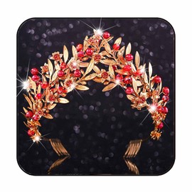 Yean Red Baroque Wedding Crown Gold Royal Quinceanera Headwear Leaf Vintage Bridal Headpiece for Women