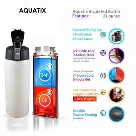 Aquatix (Artic White, 21 Ounce) Pure Stainless Steel Double Wall Vacuum Insulated Sports Water Bottle with Convenient Flip Top - Keeps Drinks Cold for 24 Hours, Hot for 6 Hours