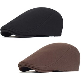 Malaxlx Pack of 2 Flat Cap Peaked Cap Men's Beret Cap Newsboy Flat Cap Beret Hat Newsboy Caps Gatsby Ivy Irish Hat, Black + Brown