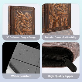 SogYupk 9 Pocket Trading Card Binder 360 Side Pocket Albums with Zip 3D PU Leather Embossed Dragon Card Books Trading Card Game Album for MTG, TCG, Pokmon, Lorcana (Red Copper)