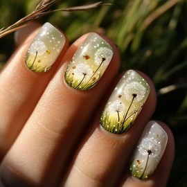 Press on Nails Medium Square MABKJLF Fake Nails False Nails with Sandelion Butterfly Stars Designs Full Cover Glossy Glue on Nail Acrylic Nail for Women Girls 24Pcs