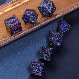 Cusdie Metal Dice Set, 7 Pcs DND Metal Dice, Dragon Scale Polyhedral Dice Set, for Role Playing Game D&D Dice (Black with Purple Blue Glitters)