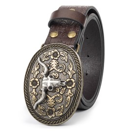 HilyBony Western Belt for Women Men Cowboy Cowgirl Belt Embossed Western PU Leather Belt with Skull Buckle for Jeans, coffee with skull bull