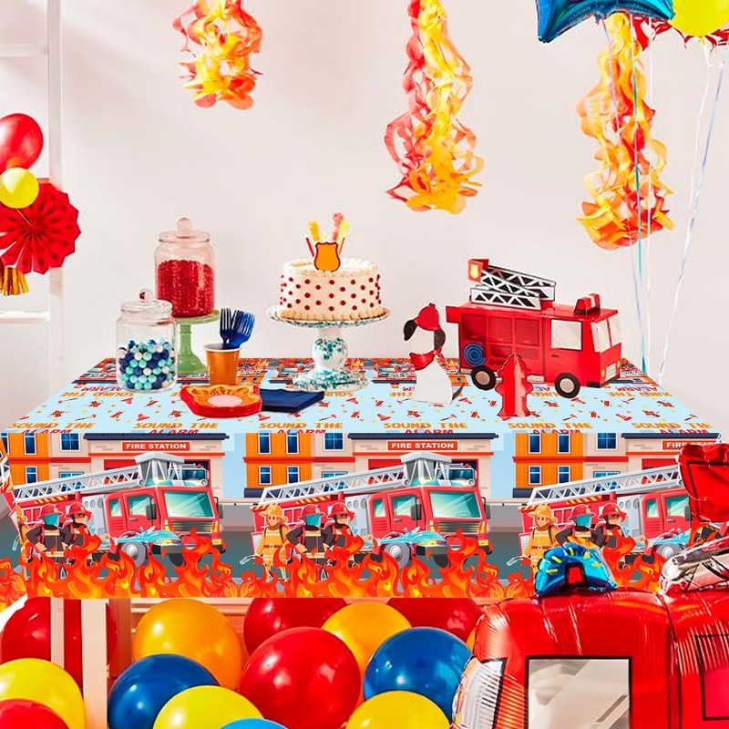 Fire Truck Tablecloth, 3 Pcs Firefighter Party Tablecloth Set -