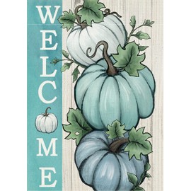 Covido Welcome Fall Teal Blue White Pumpkins Decorative Garden Flag, Autumn Farmhouse Seasonal Yard Outside Decorations, Thanksgiving Burlap Outdoor Small Home Decor Double Sided 12 x 18