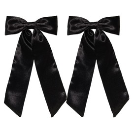 Furling Pompoms Hair Bows Clips with Long Tail, 2pcs Black Ribbon Hair Clip for Women, Satin Bowknot Barrettes, Big Bows for Girls Hair Accessories, Party Wedding Prom Daily Outfits
