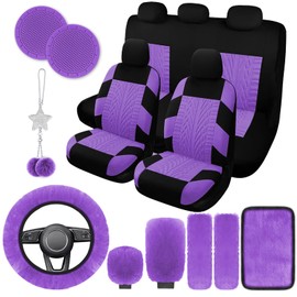 JINGSEN 17 Car Seat Cover Full Set for Women,Universal Car Seat Cover, Plush Steering Wheel Cover,Fluffy Soft Wool Handbrake Gear, Suspension Accessories Full SUV((Patterned Purple