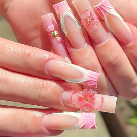 QQPPOLIU Square Long Press on Nails Pink,Fake Nails with Flower Designs,Full Cover Nails for Women/Birthday/Bride/Holiday/Christmas/Valentine'S Day/Women/Young(Pattern 107)