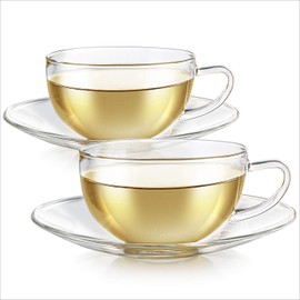 Teabloom Kyoto Teacup and Saucer Set 2-Pack – Medium Size – 8 OZ/ 240 ML Capacity – Crystal Clear Design – Healthful Premium Borosilicate Glass – Heat Resistant, Microwave Safe