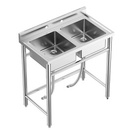 Stainless Steel Utility Sink, 36in Free Standing Double Bowl Kitchen Sink Commercial Sink, NSF Commercial Restaurant Kitchen Sink Set for Garage, Restaurant, Laundry