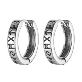 HZMAN Norse Viking Runes Earring for Men Women Stainless Steel Retro Hypoallergenic Lightweight Huggie Hoop Earring Jewelry Gift, Stainless Steel, No Gemstone