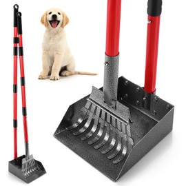 Ormalla Pooper Scooper for Dogs, Sturdy Stainless Steel Dog Poop Scooper for Large Medium Small Dogs, Detachable Metal Rake & Tray Set for Yard, Grass, Dirt or Gravel (Red)
