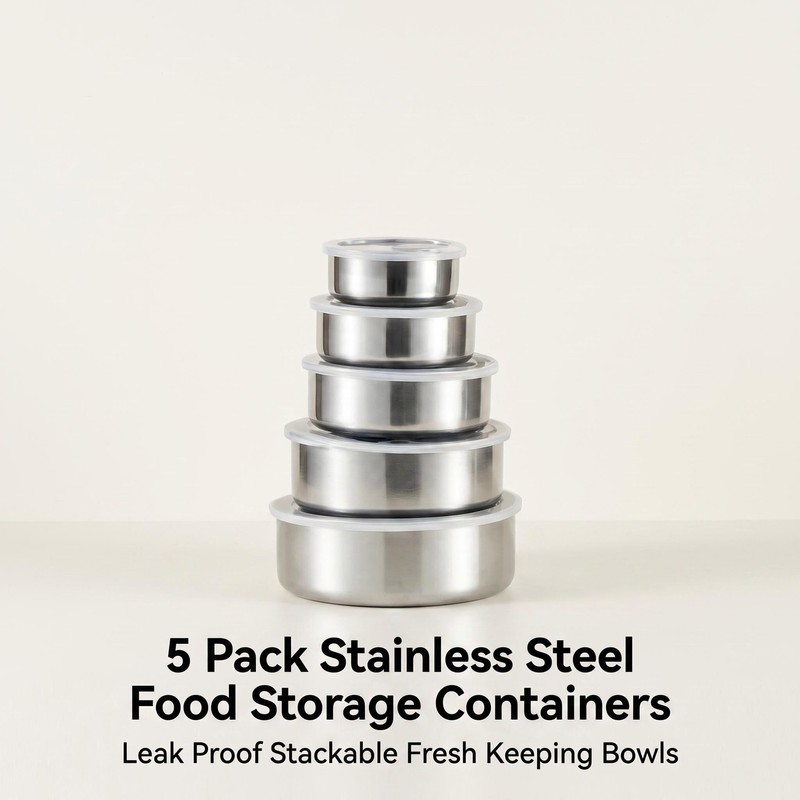 5 Pack Stainless Steel Food Storage Containers with Lids, Metal