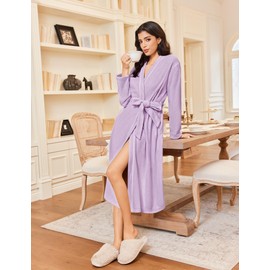 Ekouaer Robes for Women Long Sleeves Bathrobe V Neck Cozy Housecoat Lightweight Fleece Robe with Pockets(Lavender, Large)