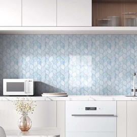 Tilingview 10-Sheet Peel and Stick Backsplash Tile for Kitchen, Self-Adhesive Mosaic Glossy Leaf Stick on Wall Tile with Gaps (Pastel Blue)