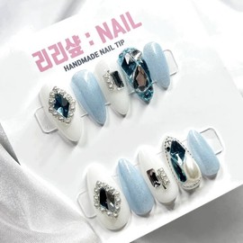 Emerald blue diamond pearl handmade nail tips - Design 1-Full Stone / 에메랄드블루 다이아 진주 수제네일팁 - 디자인1-풀스톤