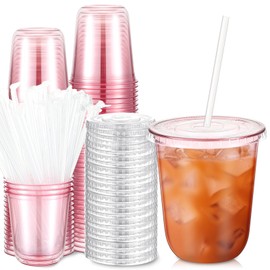 Ziliny 50 Sets Clear Plastic Cups with Lids and Straws, Disposable Iced Coffee Cups Drinking PET for Cold Drinks, Juice, Smoothie, Coffee Shops, Party, Christmas (Pink,14 oz)